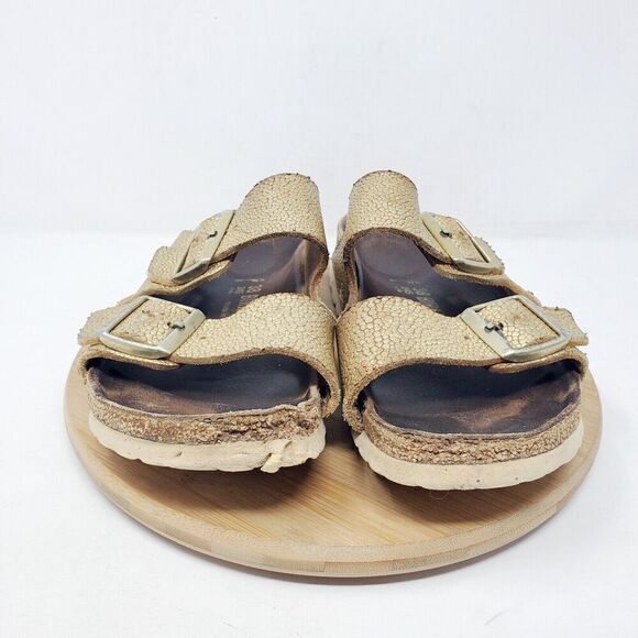 Birkenstock Arizona 38 Womens 7 Sandals Gold Pebble Leather Reptile Buckle Slide - Picture 3 of 12